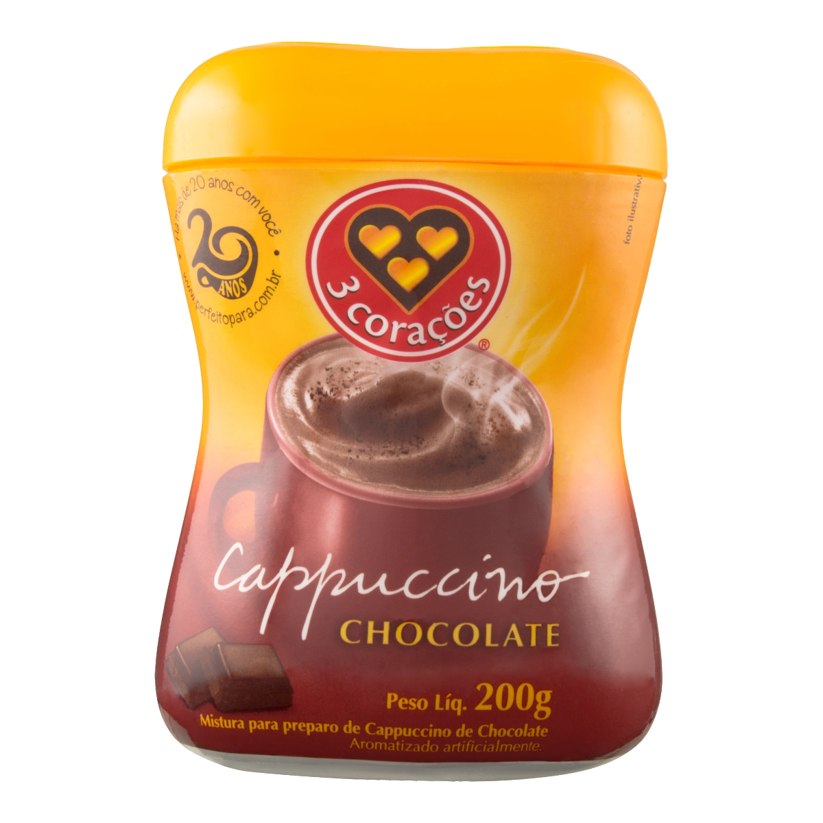 Cappuccino Solúvel Chocolate 3 Corações Pote 200g
