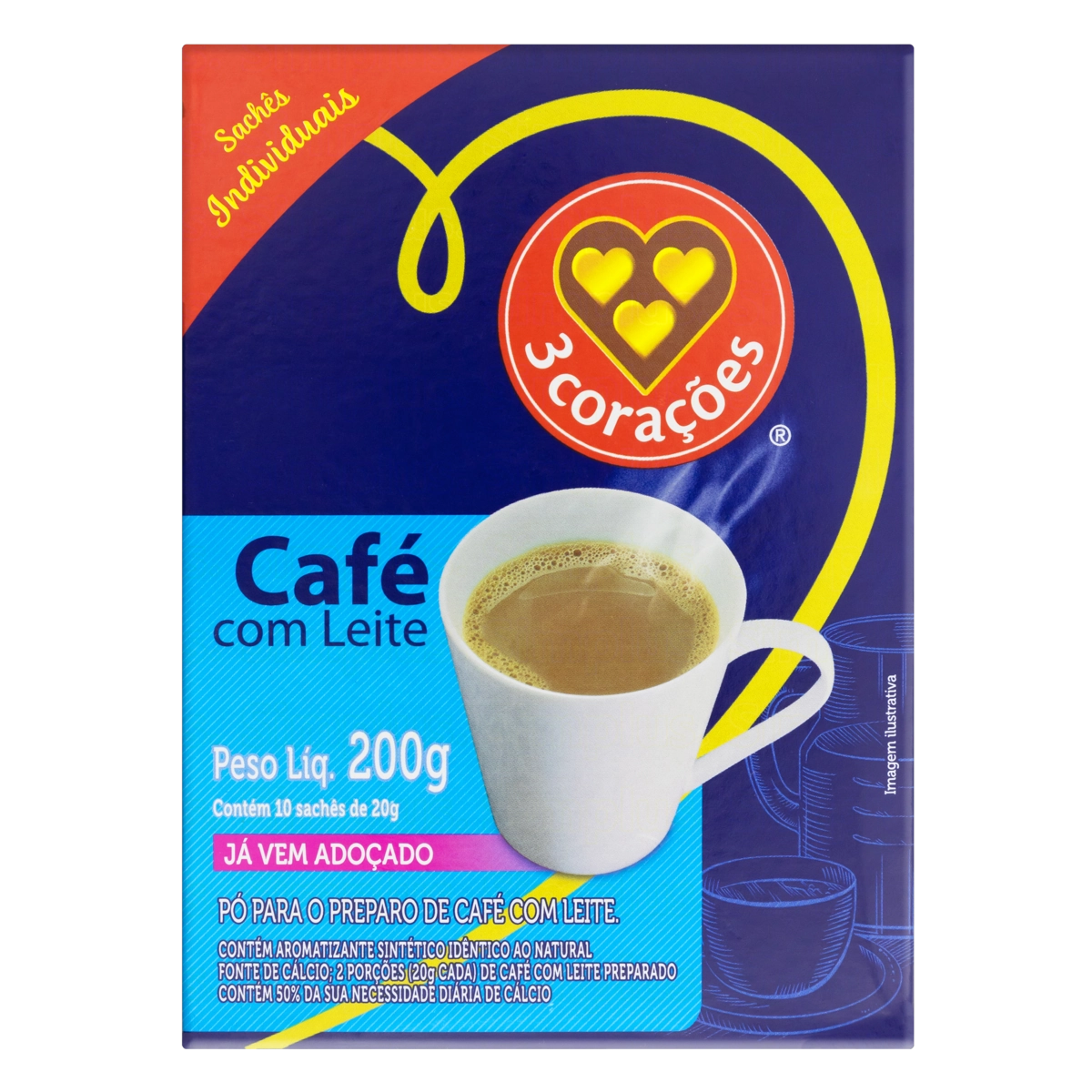 Café Com Leite Solúvel 3 Corações Caixa 200g 10 Unidades