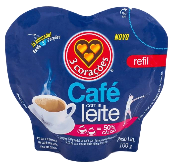 Café Com Leite Solúvel 3 Corações Sachê 100g Refil