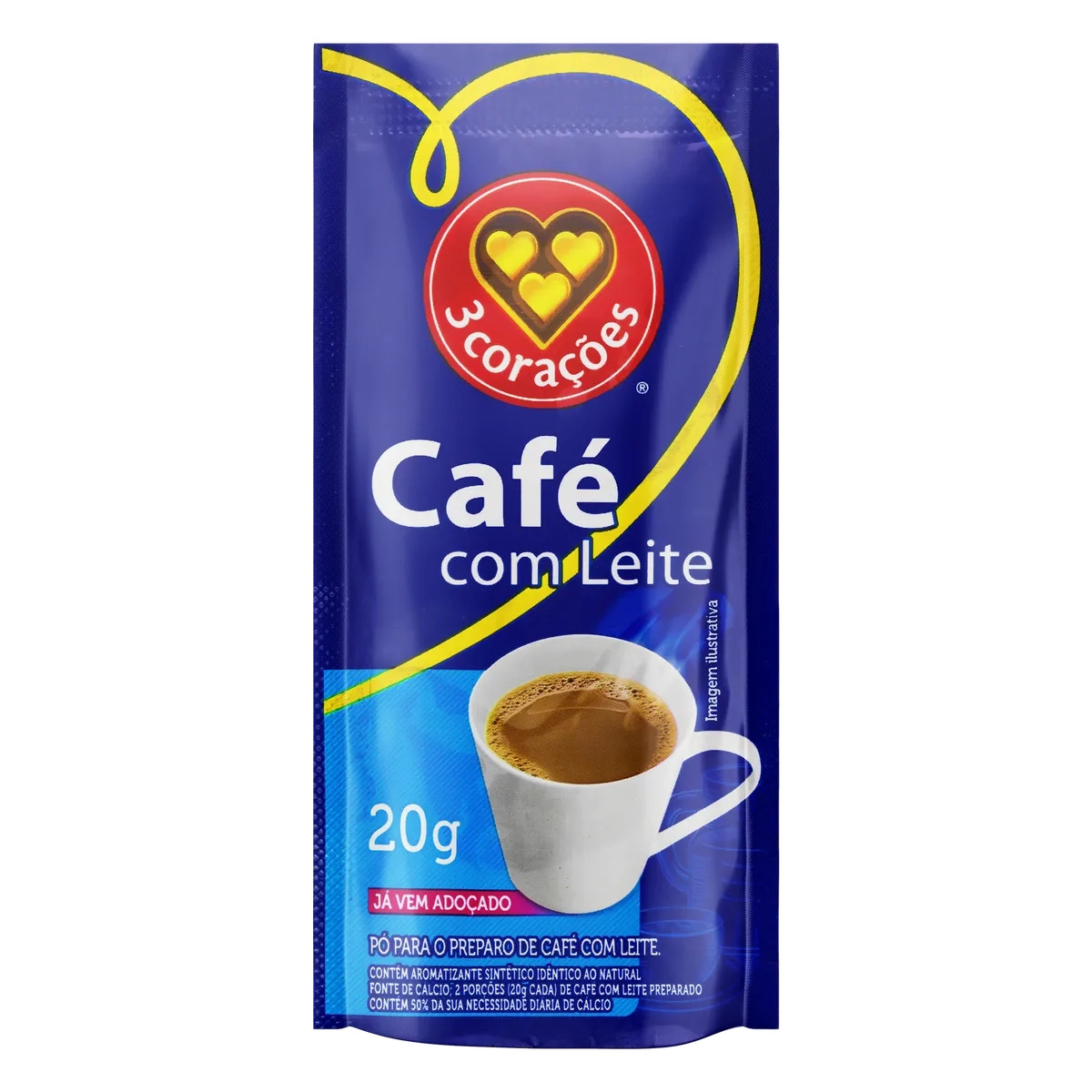 Café Com Leite Solúvel 3 Corações Sachê 20g