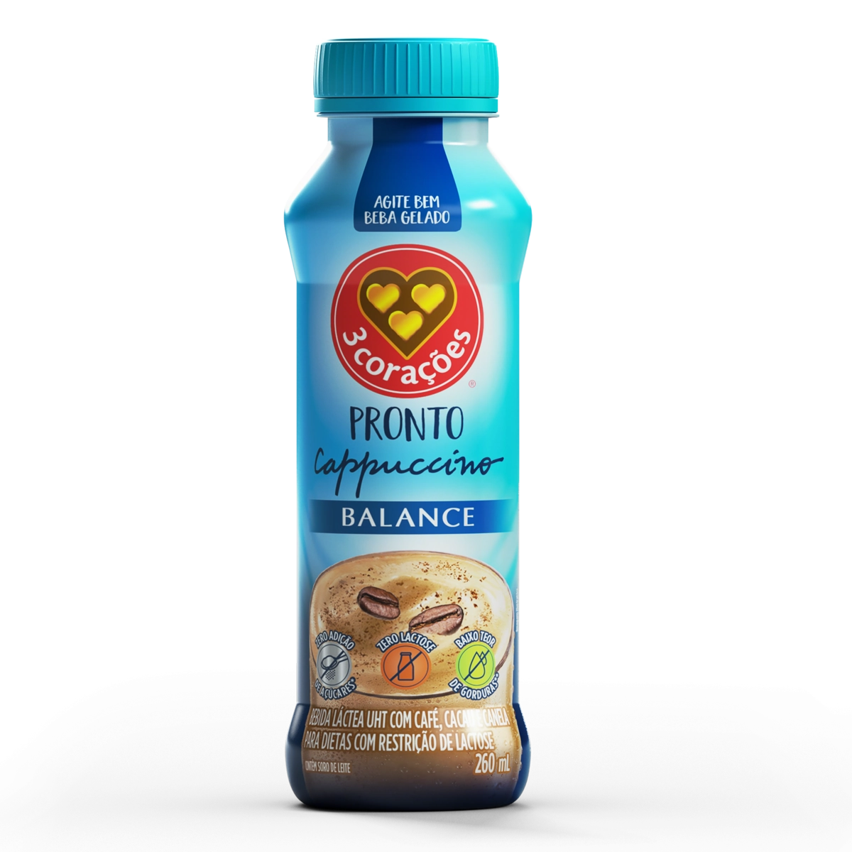 Bebida Láctea Uht Cappuccino Zero Lactose 3 Corações Balance Frasco 260ml