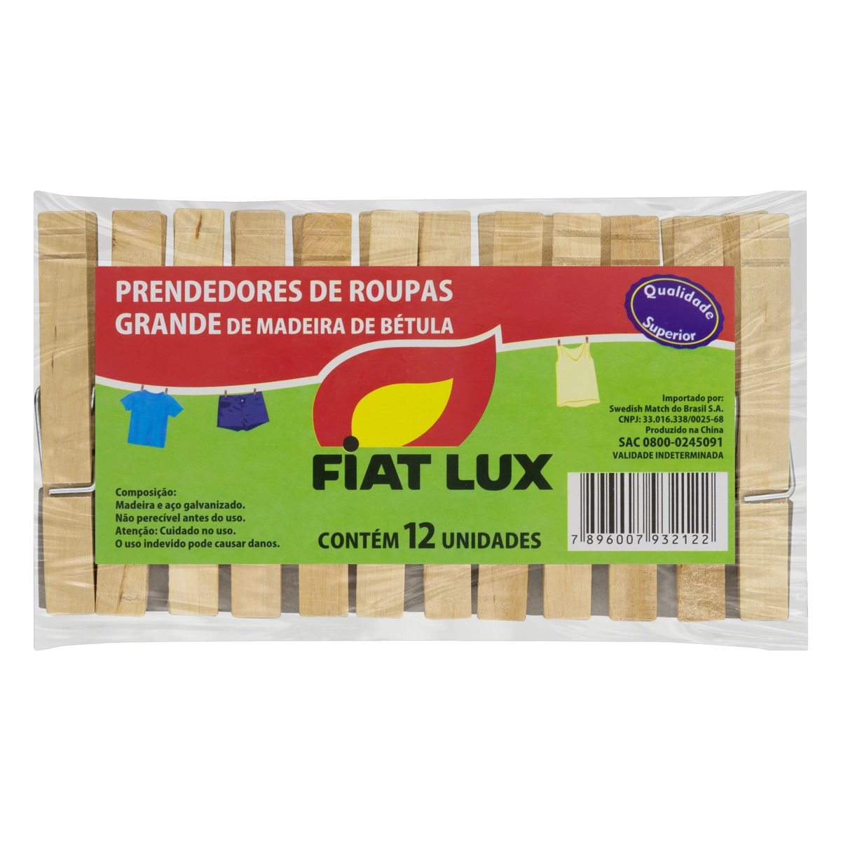 Prendedor De Roupa Madeira De Bétula Fiat Lux Grande 12 Unidades