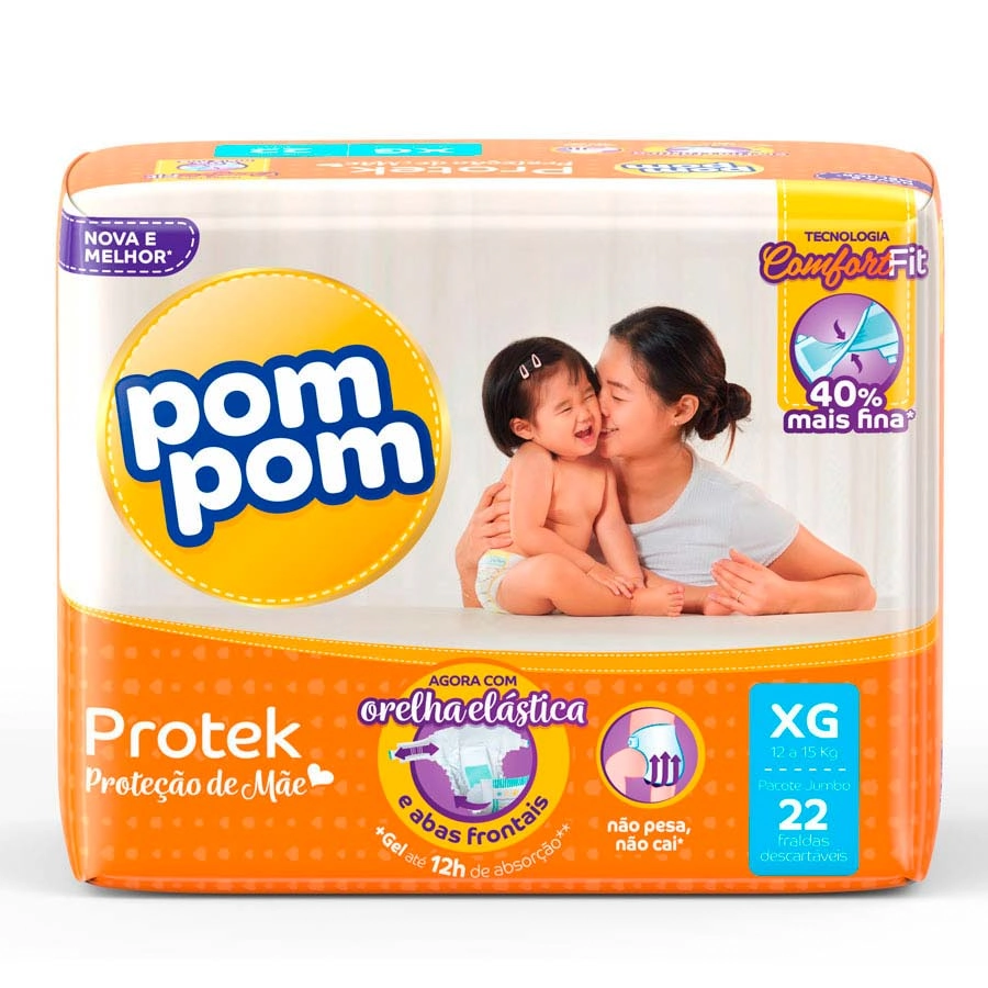 Fralda Descartável Infantil Pom Pom Protek Proteção De Mãe Xg Pacote 22 Unidades