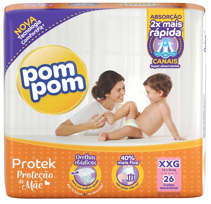 Fralda Descartável Infantil Pom Pom Protek Proteção De Mãe Xxg Pacote 26 Unidades
