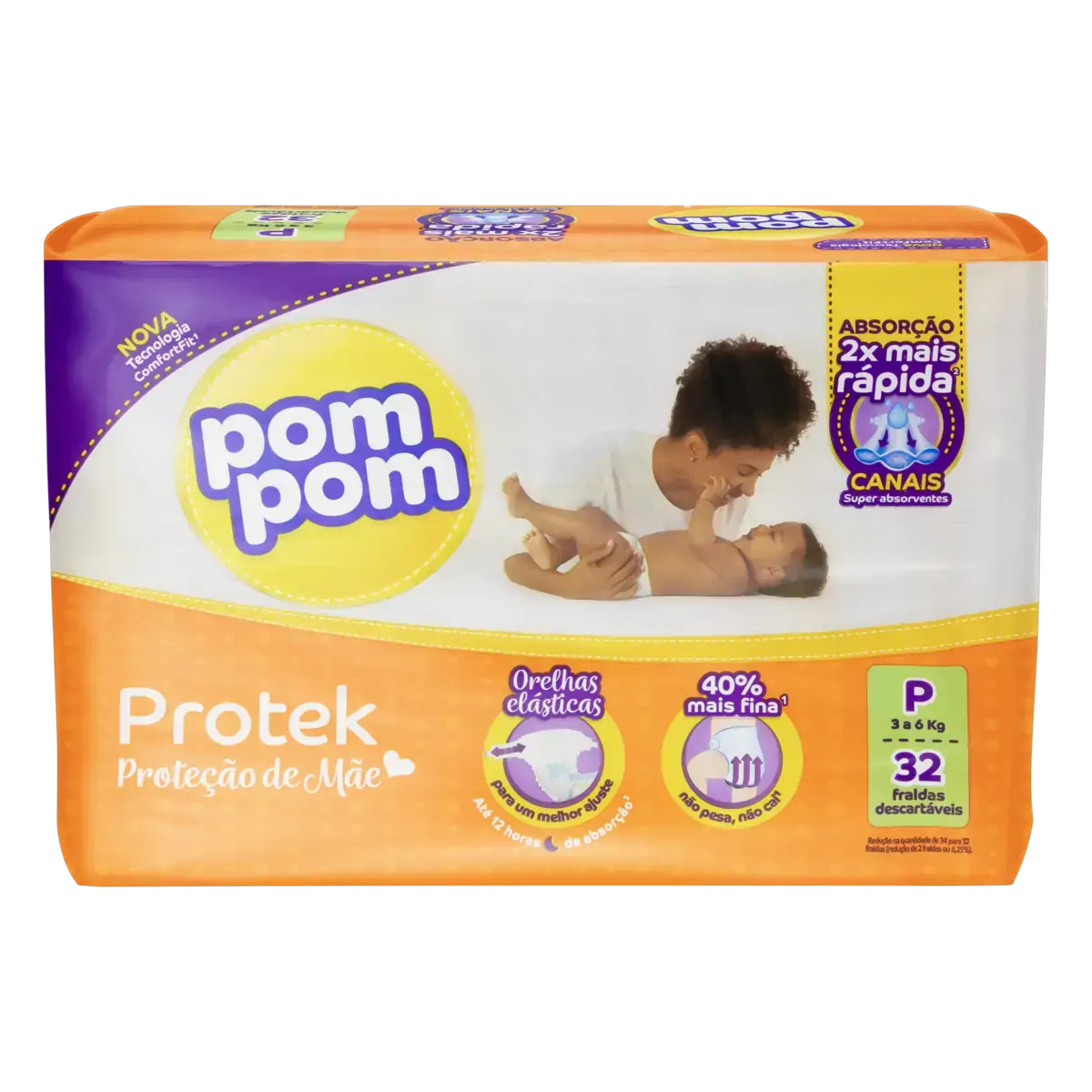 Fralda Descartável Infantil Pom Pom Protek Proteção De Mãe P Pacote 32 Unidades