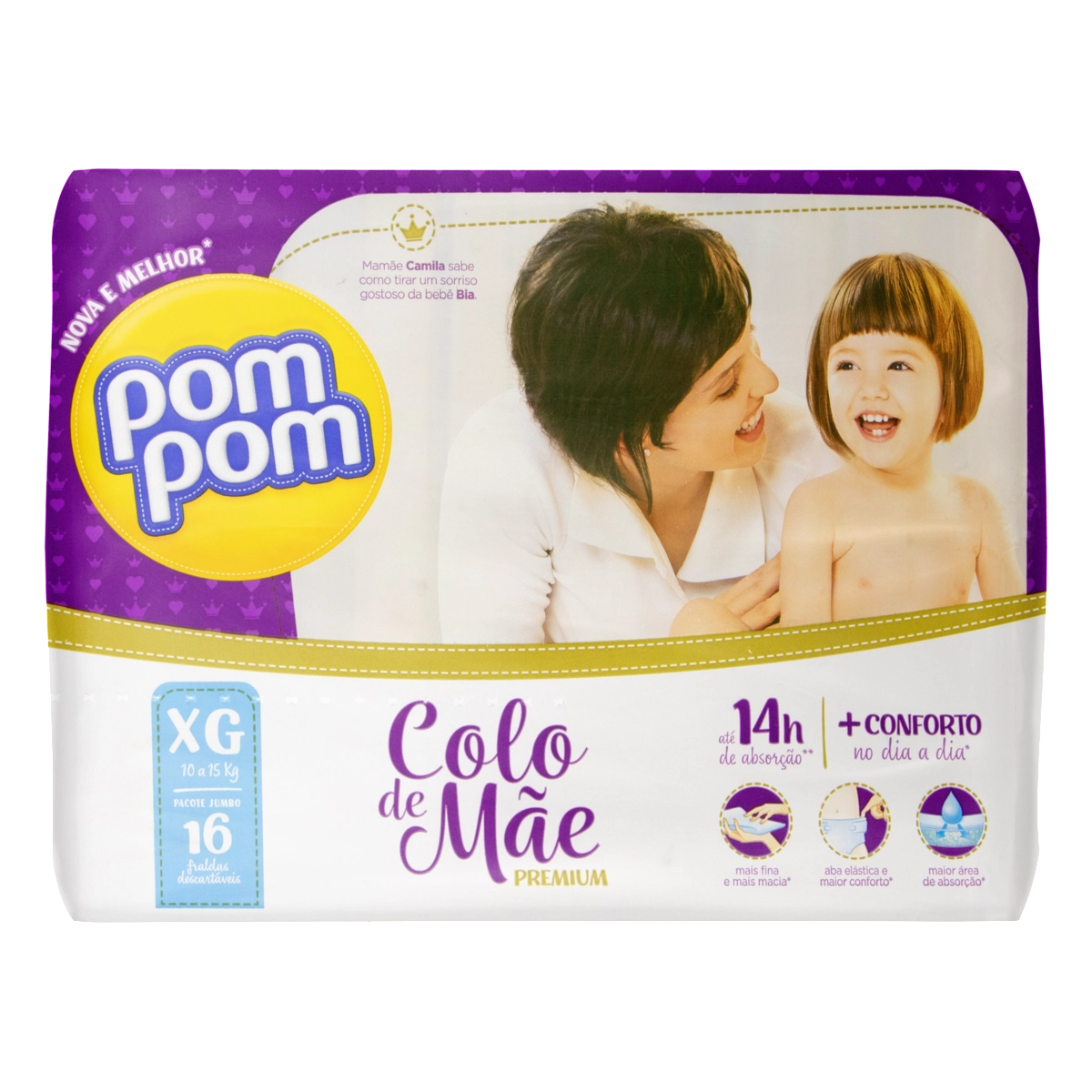 Fralda Descartável Infantil Pom Pom Colo De Mãe Premium Xg Pacote 16 Unidades