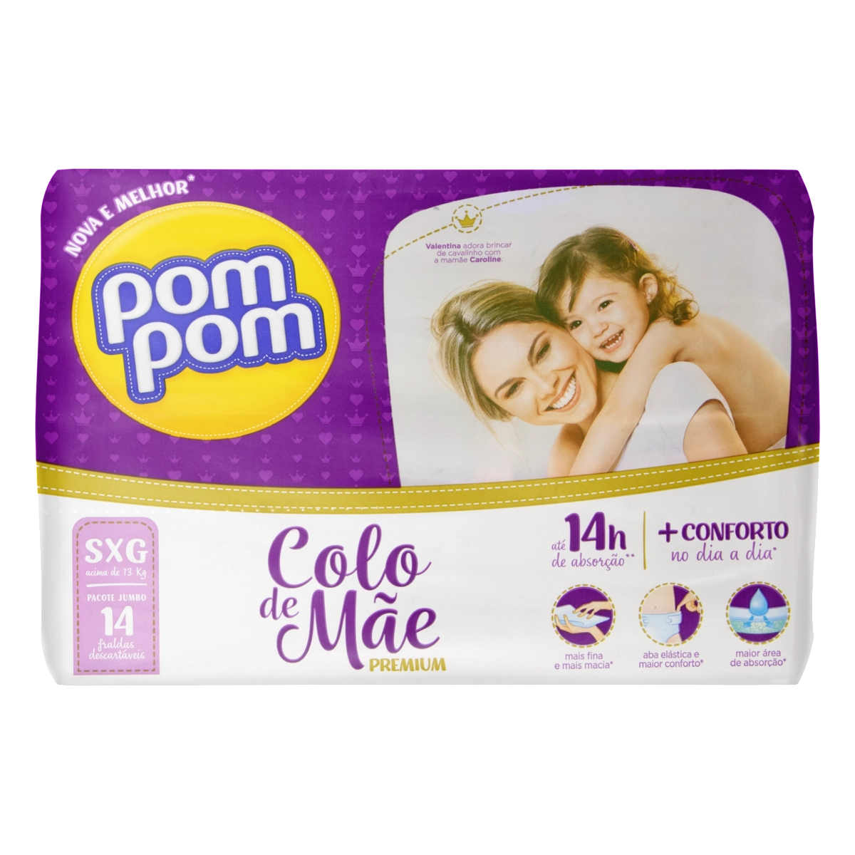 Fralda Descartável Infantil Pom Pom Colo De Mãe Premium Sxg Pacote 14 Unidades