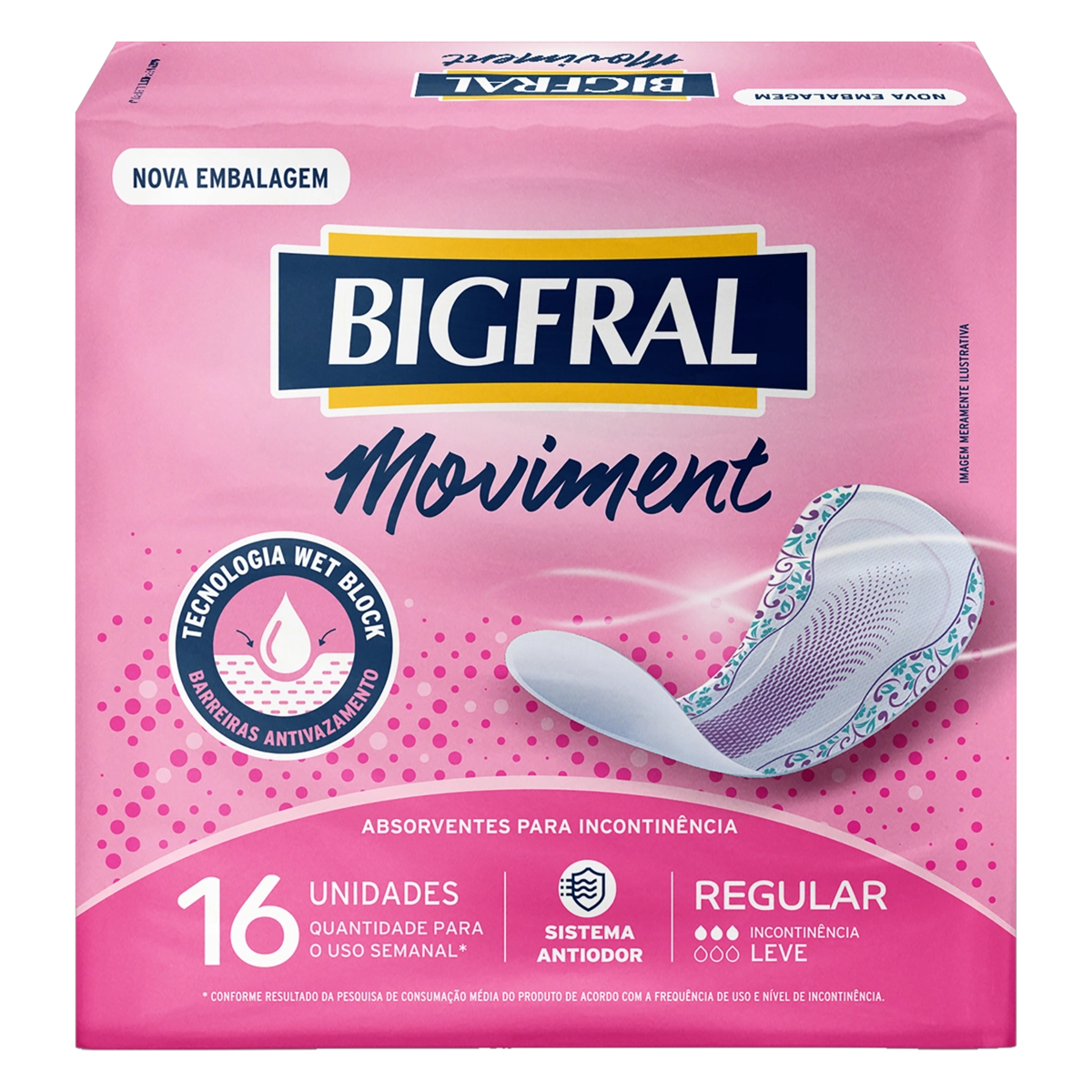 Absorvente Sem Abas Para Incontinência Urinária Bigfral Moviment Regular Pacote 16 Unidades