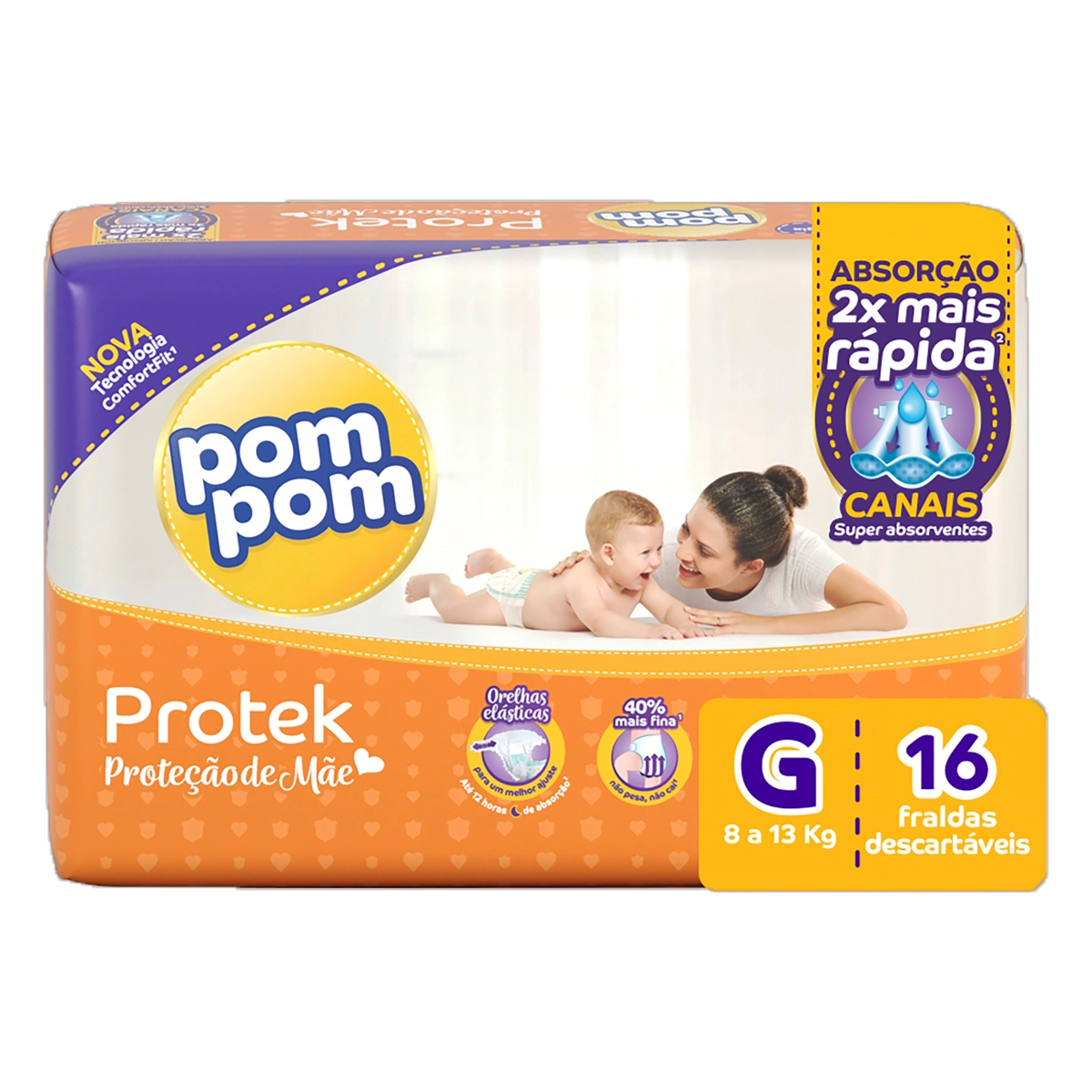 Fralda Descartável Infantil Pom Pom Protek Proteção De Mãe G Pacote 16 Unidades
