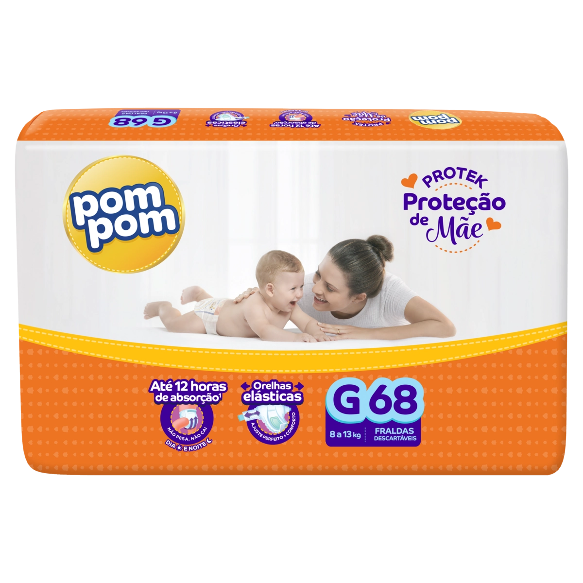 Fralda Descartável Infantil Pom Pom Protek Proteção De Mãe G Pacote 68 Unidades