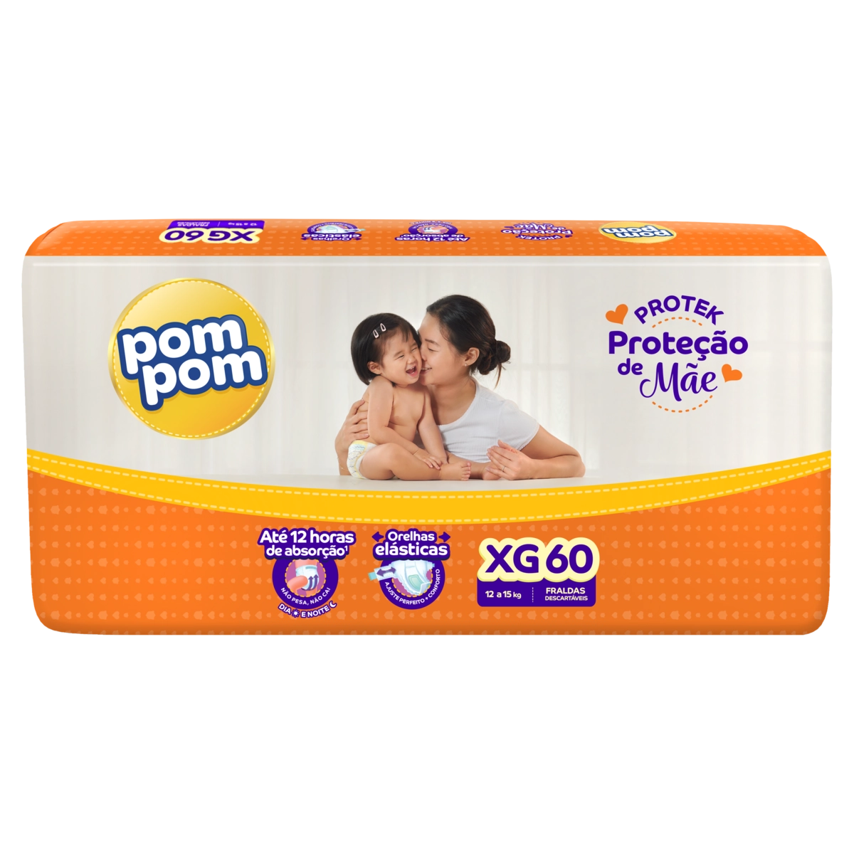 Fralda Descartável Infantil Pom Pom Protek Proteção De Mãe Xg Pacote 60 Unidades