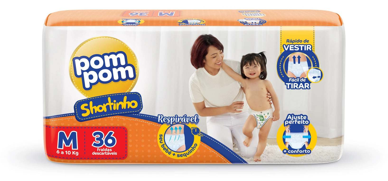 Fralda Descartável Infantil Shortinho Pom Pom M Pacote 36 Unidades