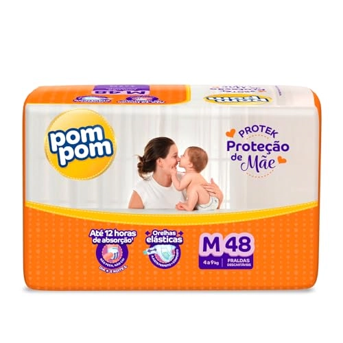 Fralda Descartável Infantil Pom Pom Protek Proteção De Mãe M Pacote 48 Unidades