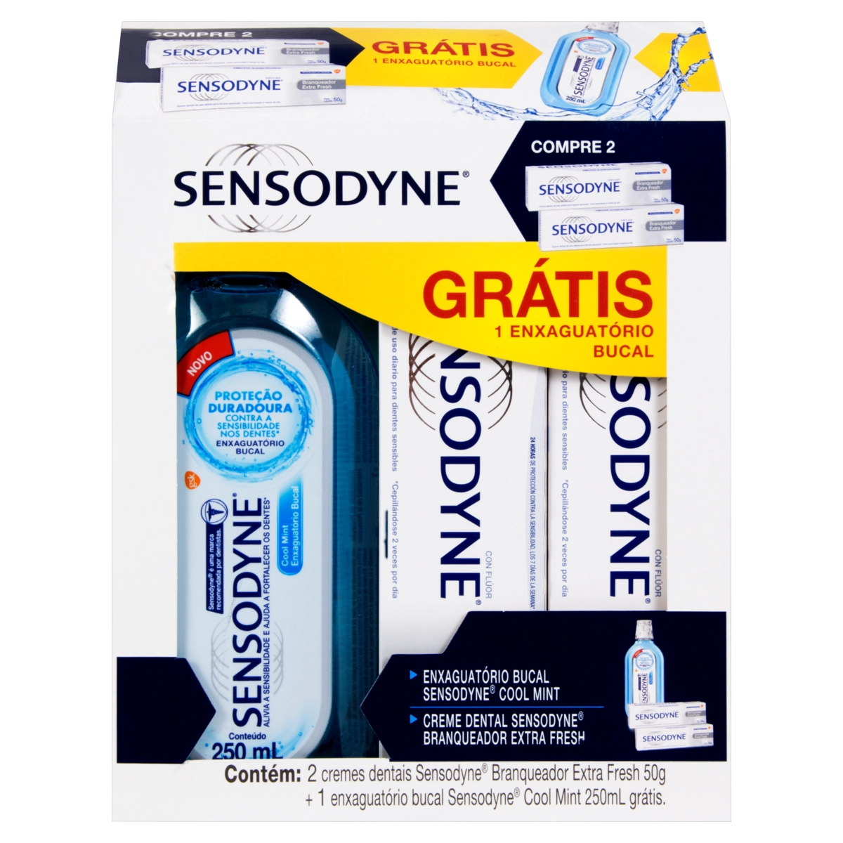 Kit 2 Cremes Dentais Branqueador Extra Fresh Sensodyne 50g Grátis Enxaguatório Bucal Cool Mint 250ml