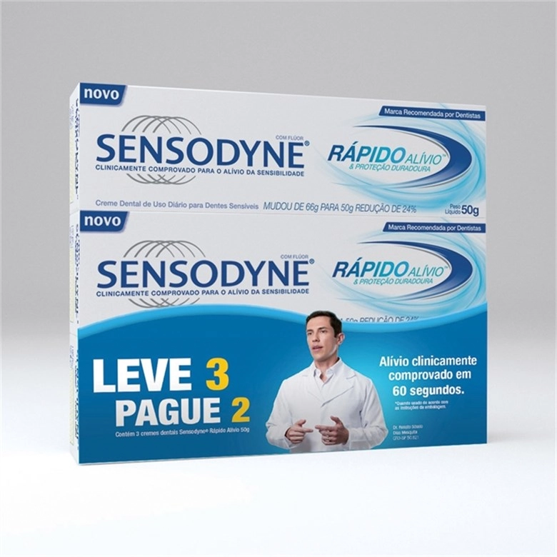 Pack Creme Dental Sensodyne Rápido Alívio Proteção Duradoura Caixa 50g Cada Leve 3 Pague 2 Unidades