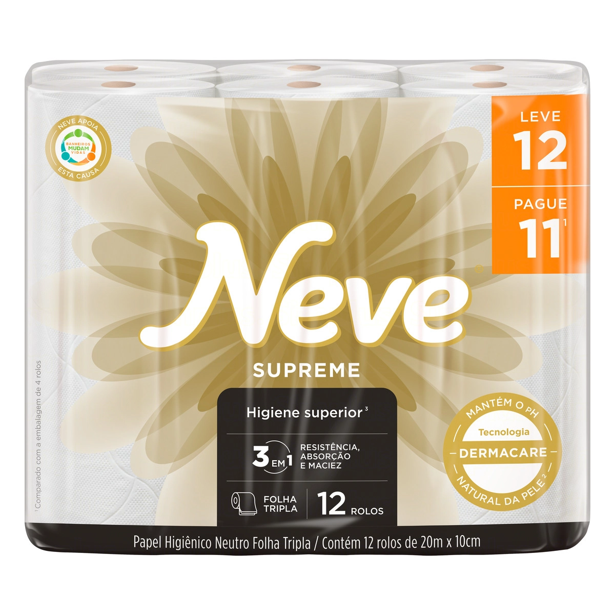 Papel Higiênico Folha Tripla Neutro Neve Supreme 20m Pacote Leve 12 Pague 11 Unidades