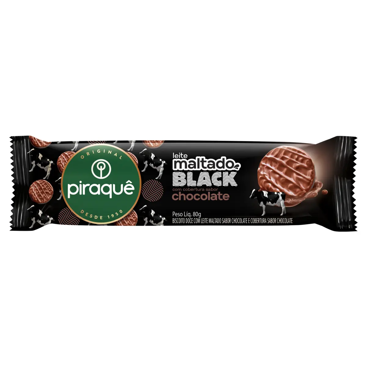 Biscoito Leite Maltado Black Cobertura Chocolate Piraquê Pacote 80g