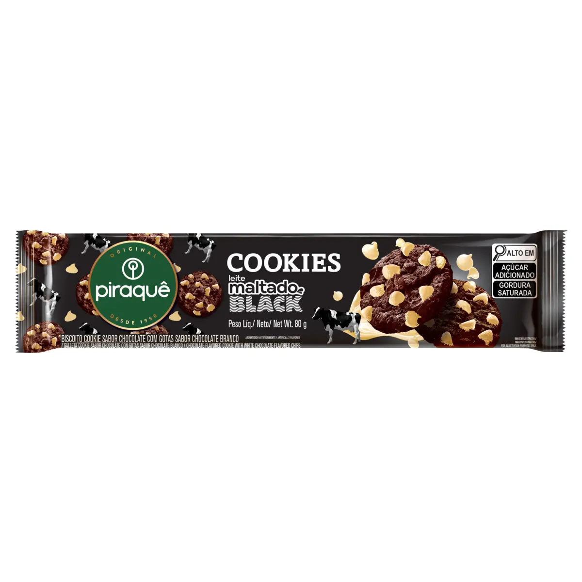 Biscoito Cookie Leite Maltado Black Com Gotas De Chocolate Branco Piraquê Pacote 80g