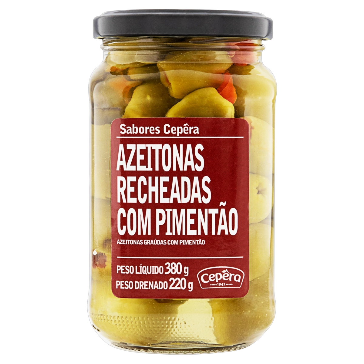 Azeitona Verde Em Conserva Graúda Recheio Pimentão Sabores Cepêra Vidro 220g