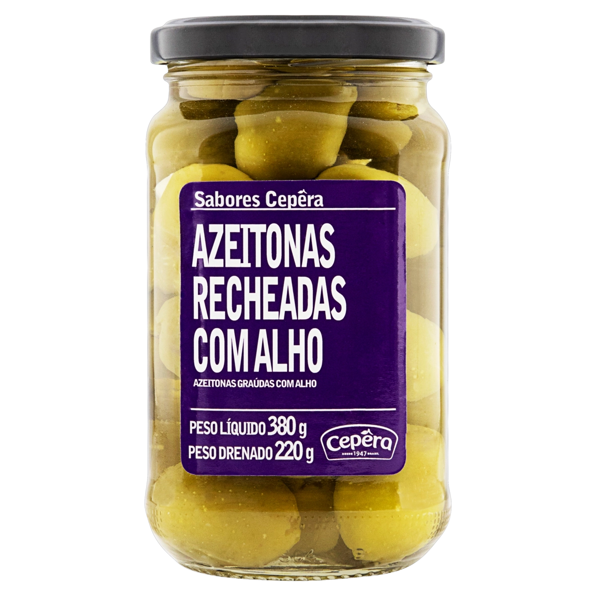Azeitona Verde Em Conserva Graúda Recheio Alho Sabores Cepêra Vidro 220g