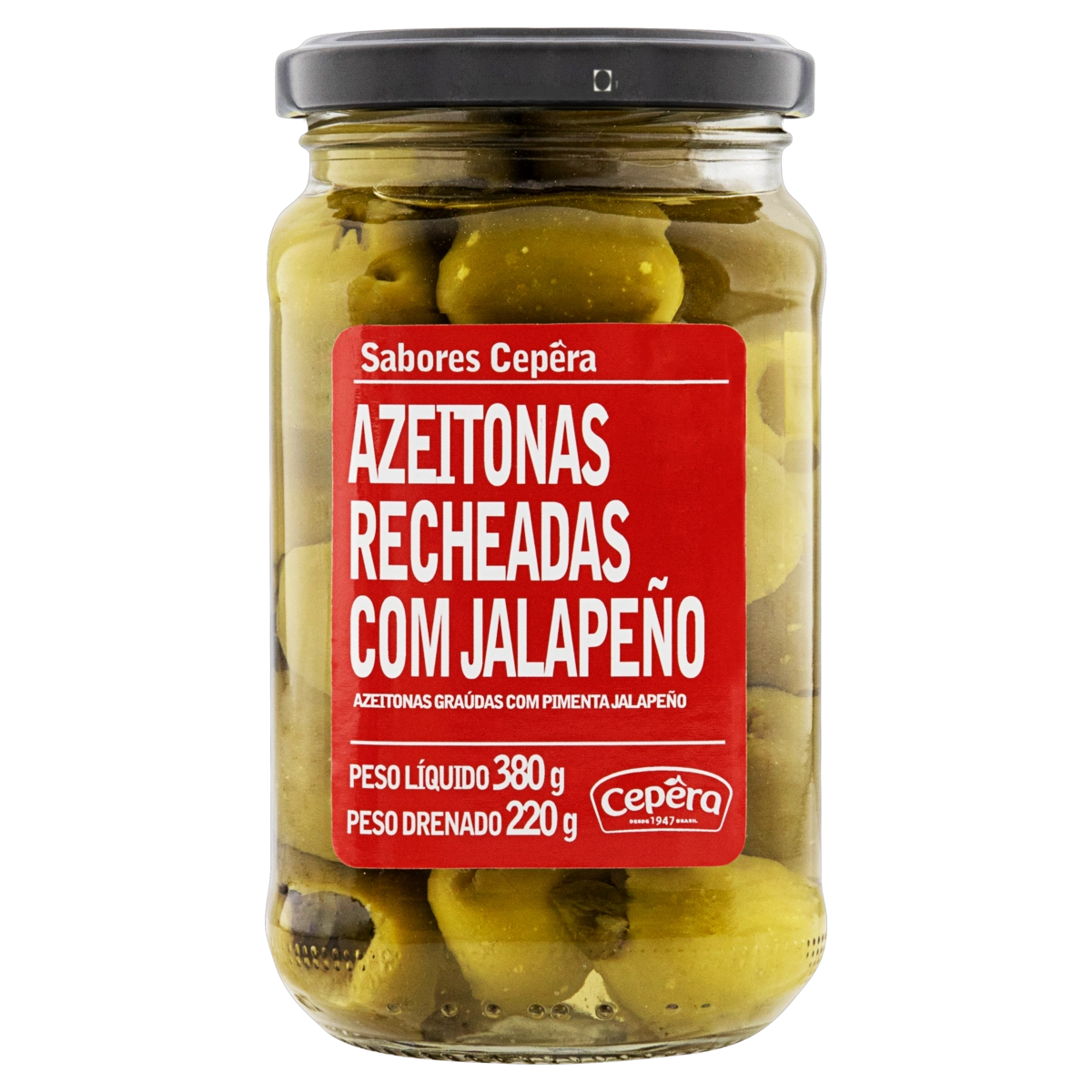 Azeitona Verde Em Conserva Graúda Recheio Jalapeño Sabores Cepêra Vidro 220g