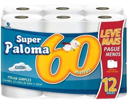 Papel Higiênico Folha Simples Neutro Paloma 60m Pacote 12 Unidades Leve Mais Pague Menos