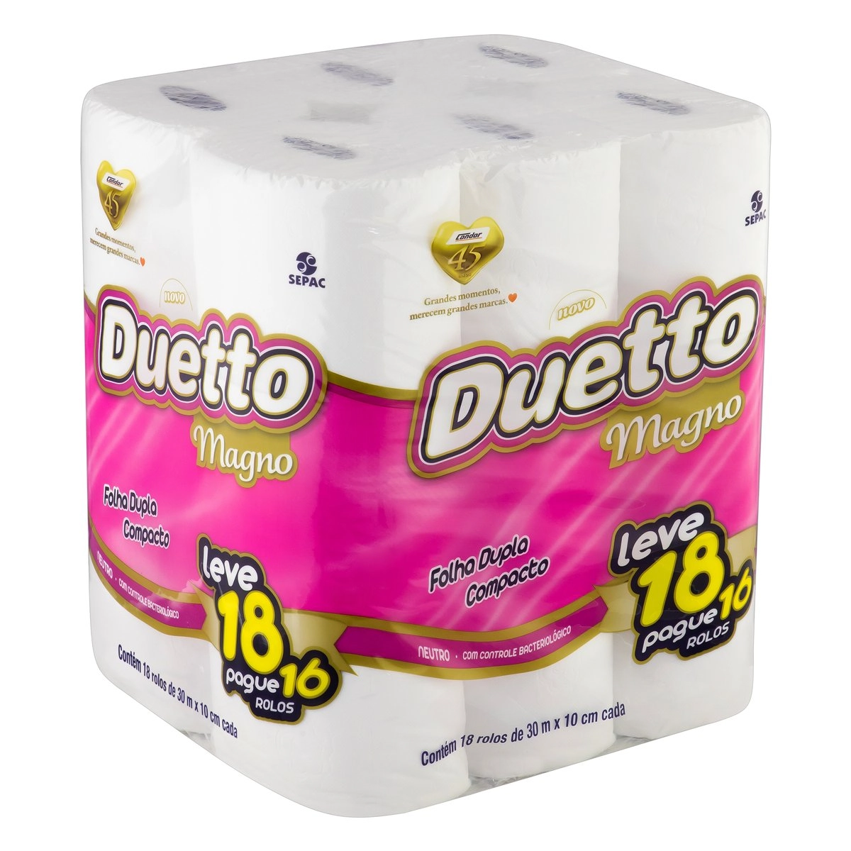 Papel Higiênico Folha Dupla Neutro Duetto Magno 30m Pacote Leve 18 Pague 16 Unidades