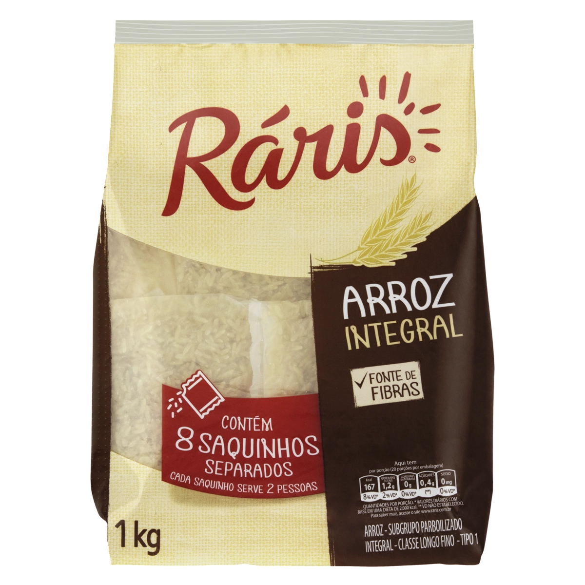 Arroz Parboilizado Tipo 1 Integral Ráris Pacote 1kg 8 Unidades