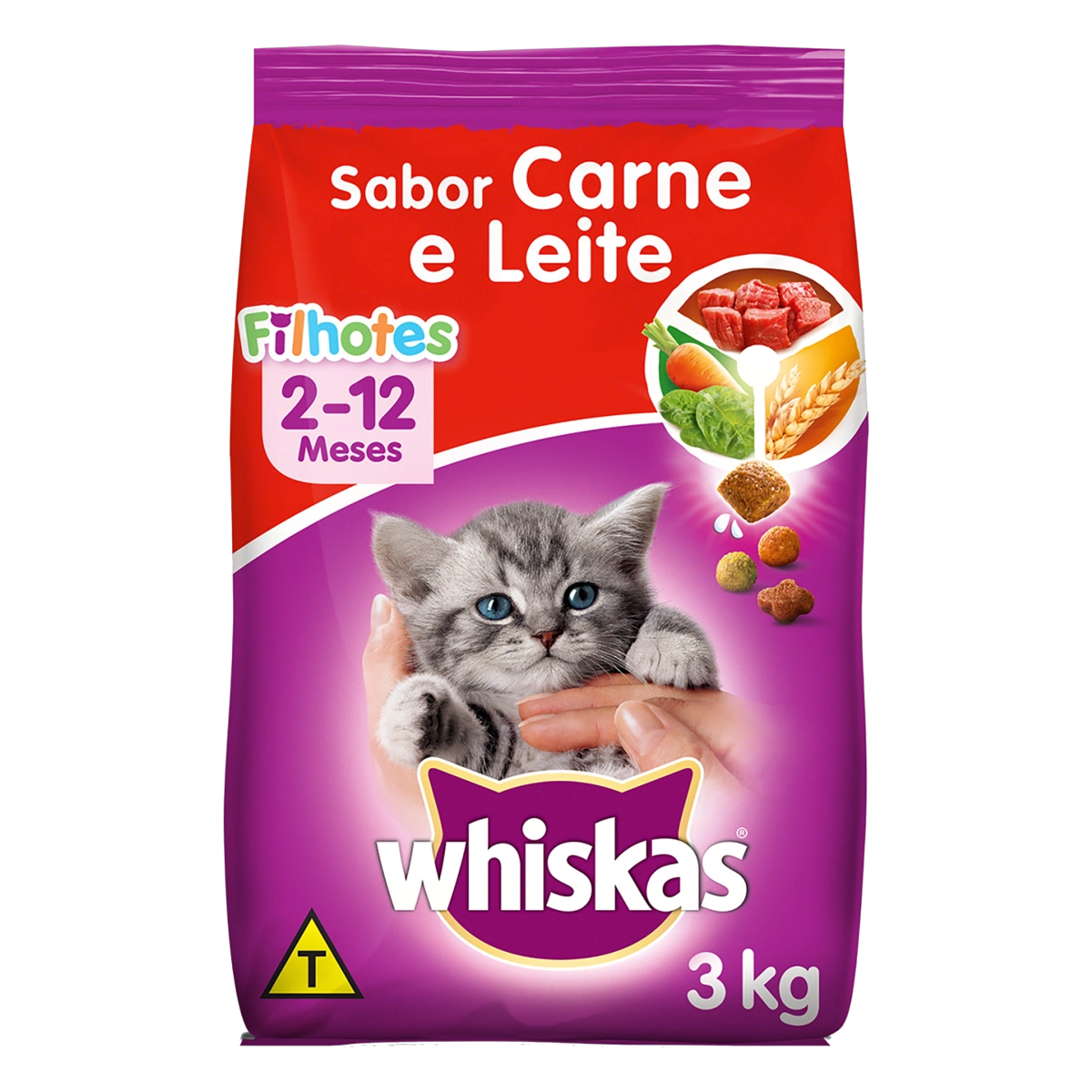 Alimento Para Gatos Filhotes 2 A 12 Meses Carne E Leite Whiskas Pacote 3kg