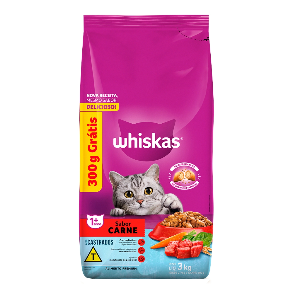 Alimento Para Gatos Castrados Adultos 1 Carne Whiskas Pacote Leve 3kg Pague 2,7kg