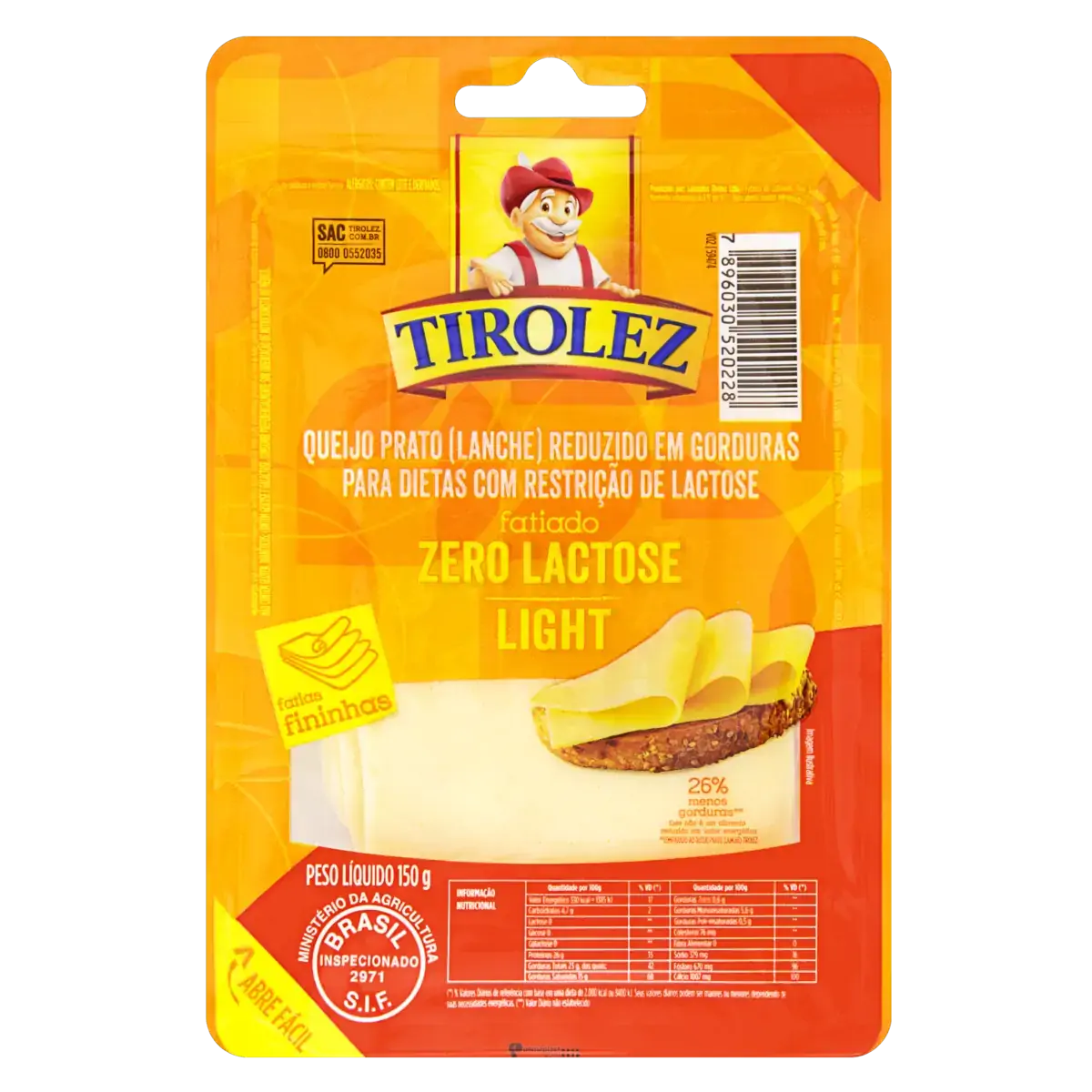 Queijo Prato Fatiado Light Zero Lactose Tirolez 150g