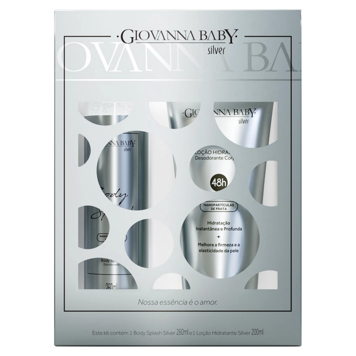 Kit Desodorante Body Splash 260ml Spray Loção Desodorante Hidratante Corporal 200ml Silver Giovanna