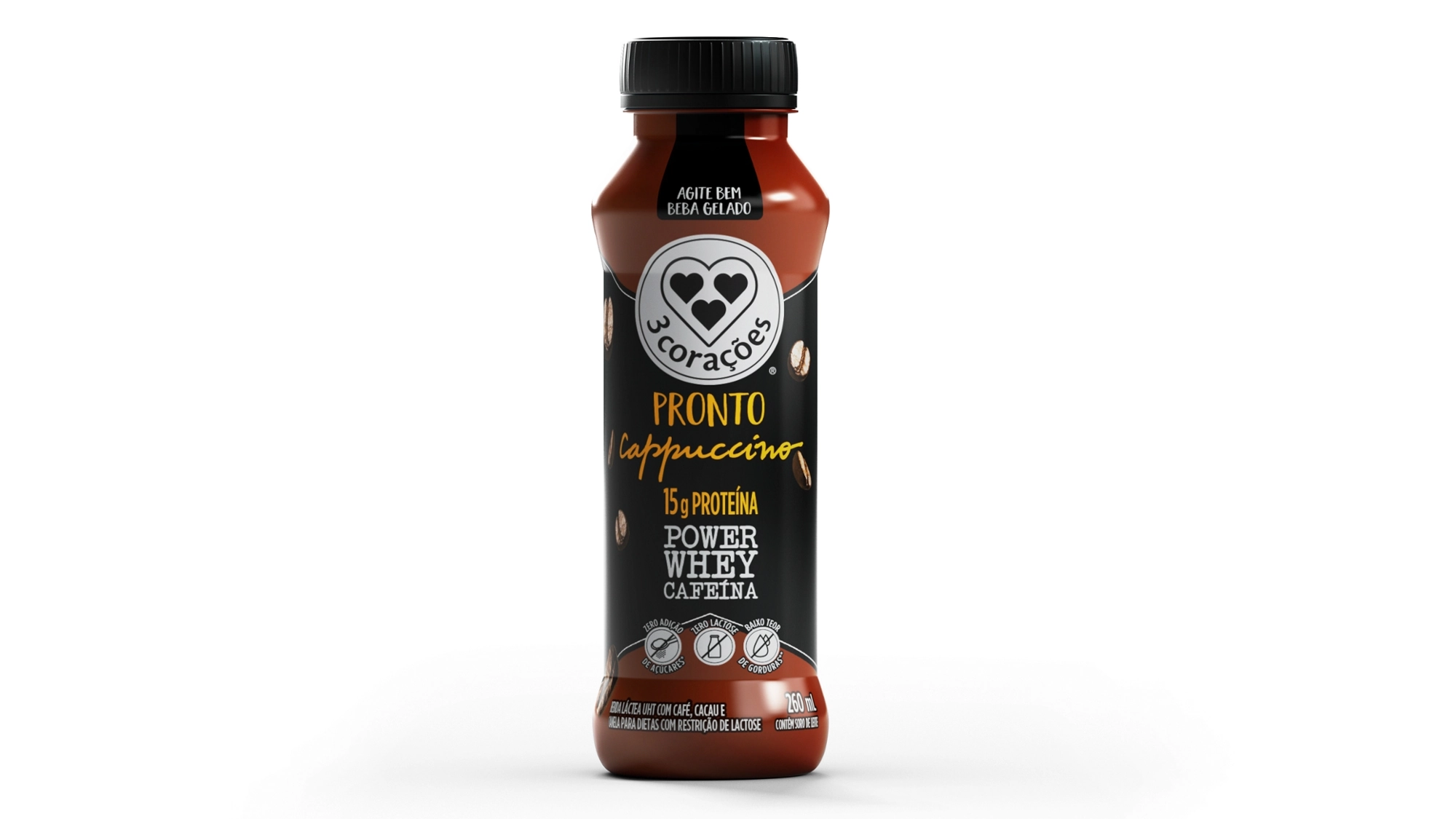 Bebida Láctea Uht Cappuccino Zero Lactose 3 Corações Power Whey Cafeína Frasco 260ml