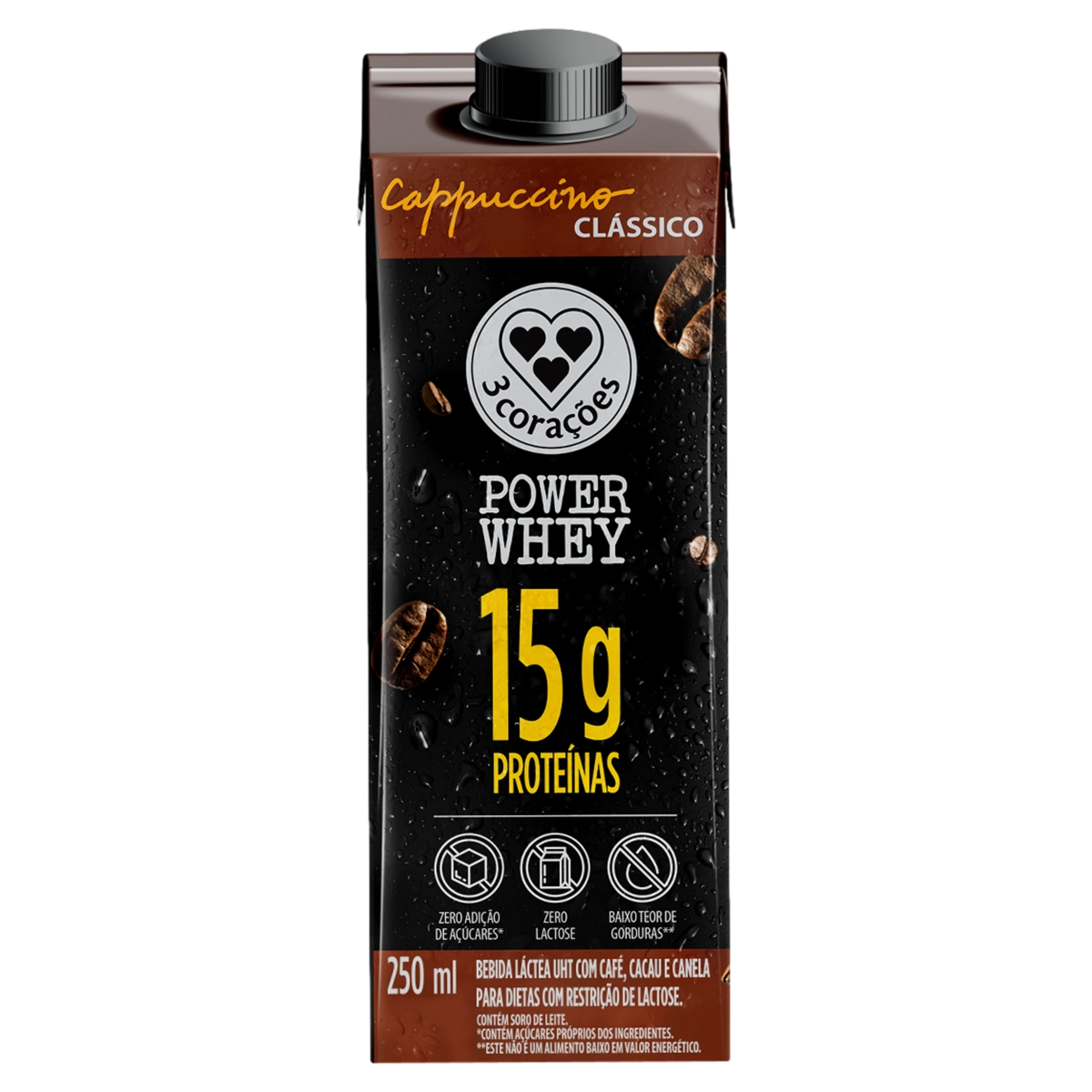 Bebida Láctea Uht Cappuccino Clássico Zero Lactose 3 Corações Power Whey Caixa 250ml