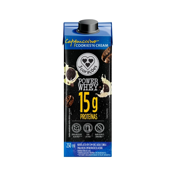 Bebida Láctea Uht Cappuccino Cookiesn Cream Zero Lactose 3 Corações Power Whey Caixa 250ml