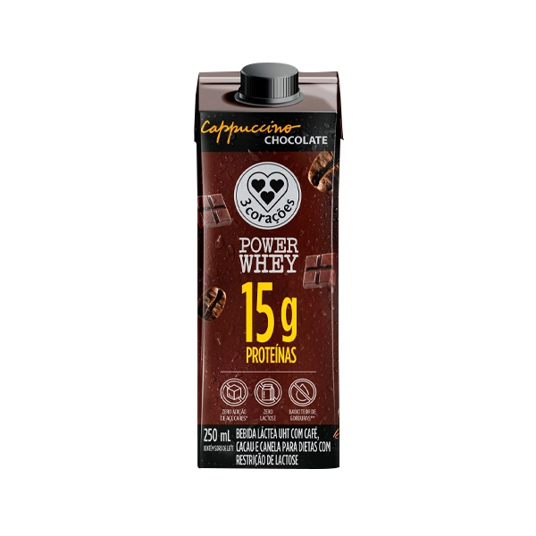 Bebida Láctea Uht Cappuccino Chocolate Zero Lactose 3 Corações Power Whey Caixa 250ml