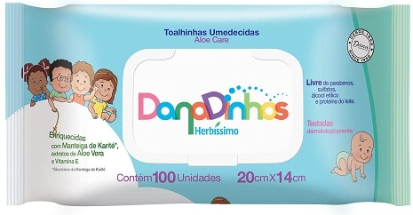 Toalha Umedecida Infantil Aloe Care Herbíssimo Danadinhos Pacote 100 Unidades