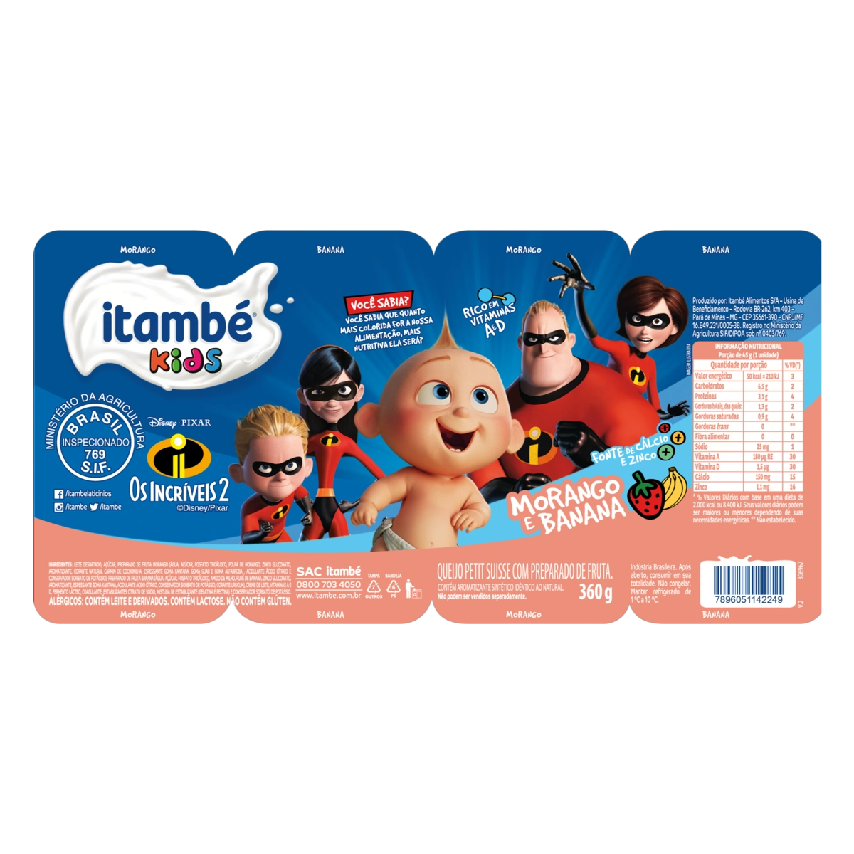 Queijo Petit Suisse Morango E Banana Os Incríveis 2 Itambé Kids Bandeja 360g 8 Unidades