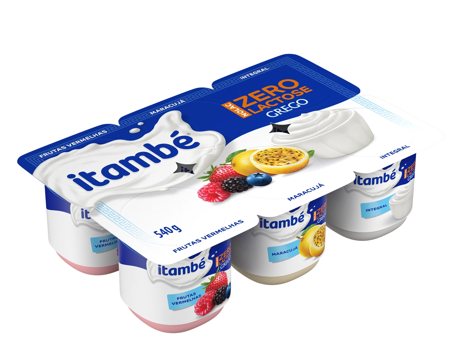 Iogurte Integral Grego Frutas Vermelhas Maracujá Creme Zero Lactose Itambé Nolac Bandeja 540g 6 Unid