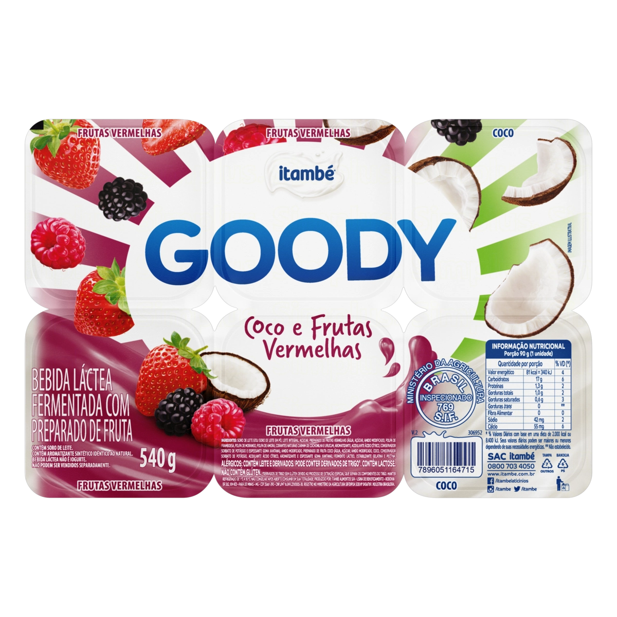 Bebida Láctea Fermentada Coco E Frutas Vermelhas Itambé Goody Bandeja 540g 6 Unidades