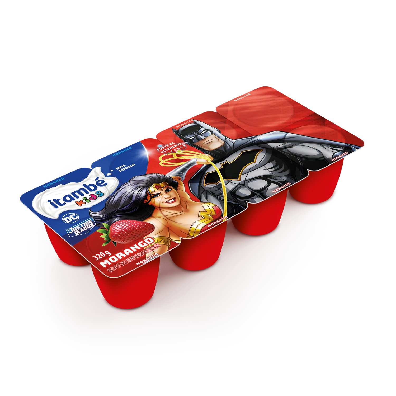 Queijo Petit Suisse Morango Justice League Itambé Kids Bandeja 320g 8 Unidades