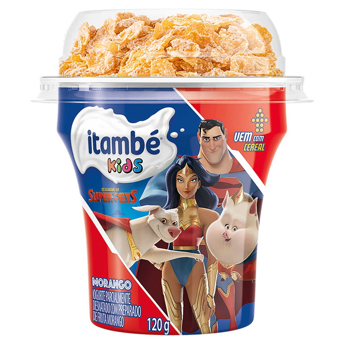 Iogurte Parcialmente Desnatado Morango Com Cereais Justice League Itambé Kids Copo 120g