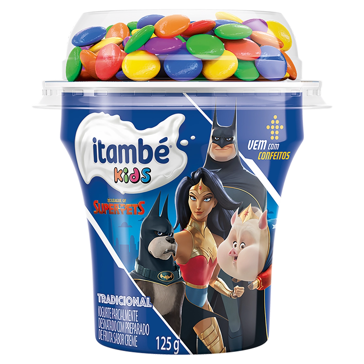 Iogurte Parcialmente Desnatado Tradicional Com Confeito League Of Superpets Itambé Kids Copo 125g