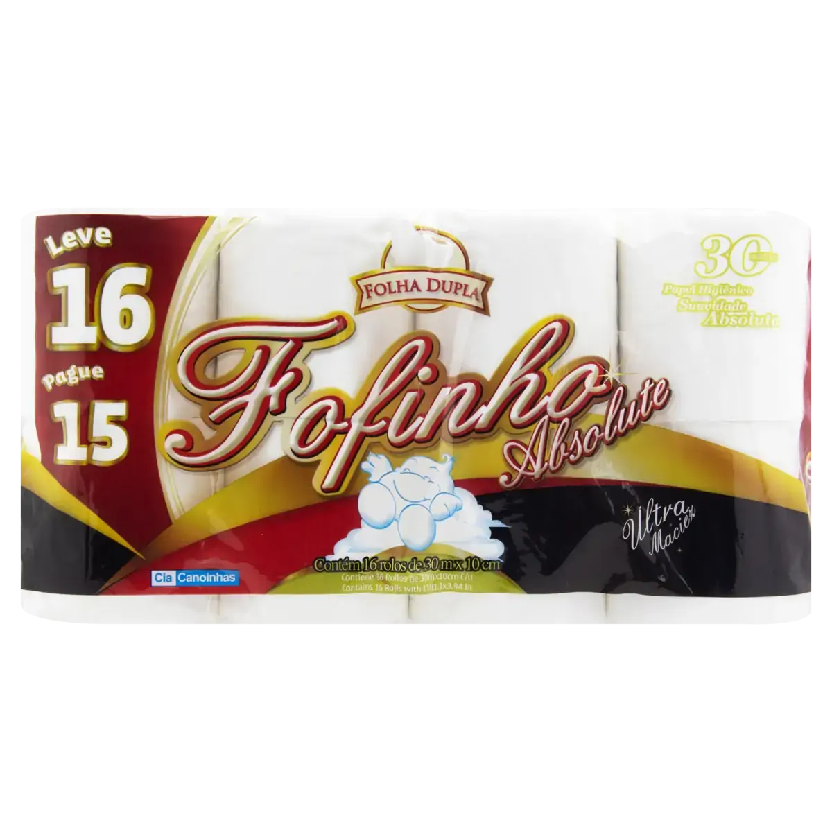 Papel Higiênico Folha Dupla Fofinho Absolute 30m Pacote Leve 16 Pague 15 Unidades