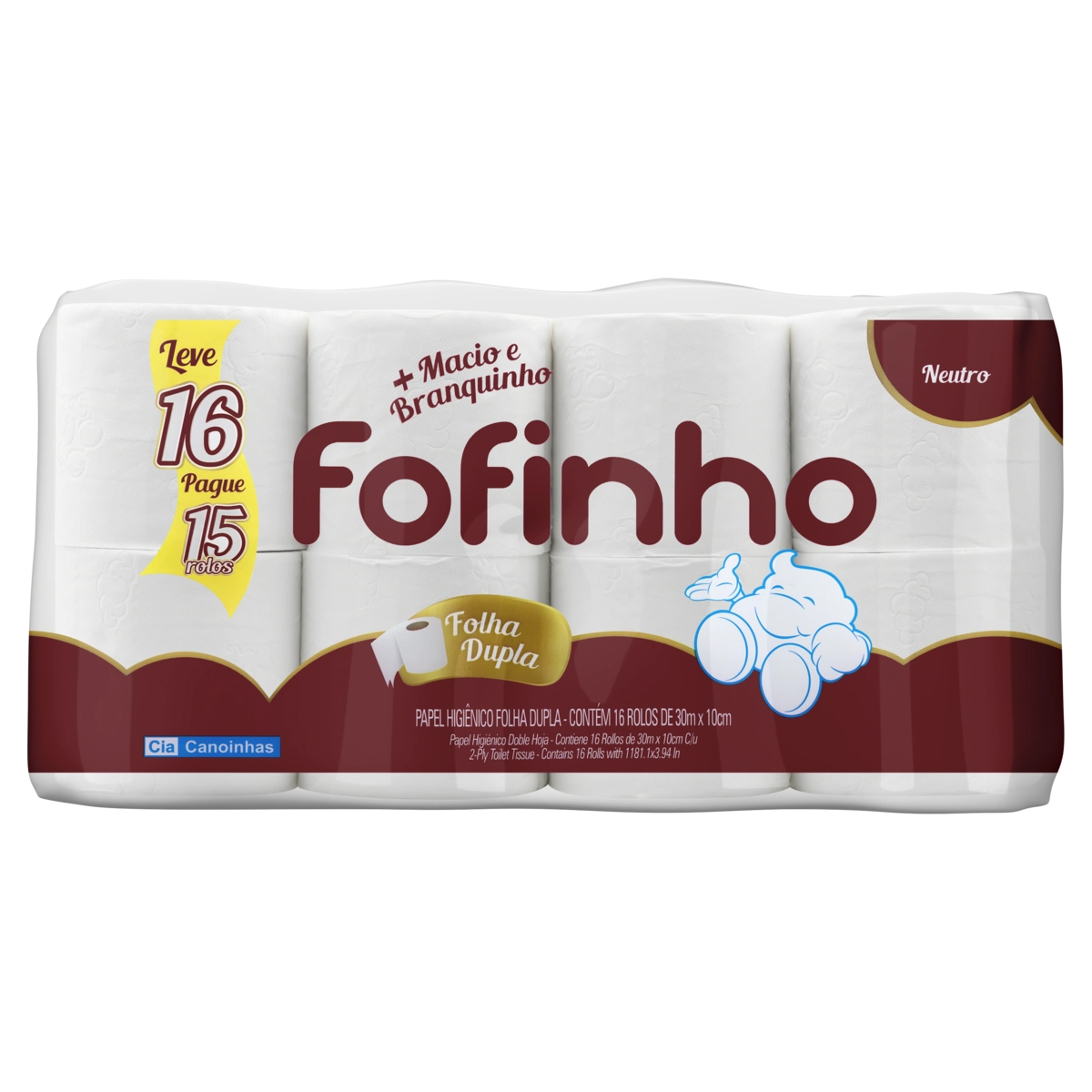 Papel Higiênico Folha Dupla Neutro Fofinho 30m Pacote Leve 16 Pague 15 Unidades