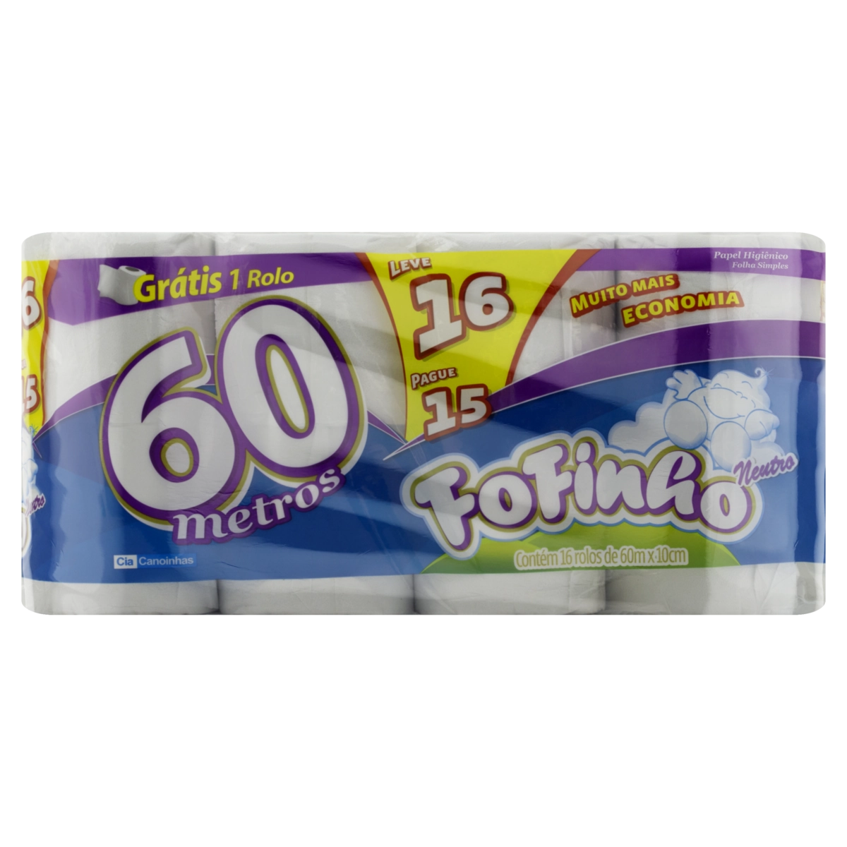 Papel Higiênico Folha Simples Neutro Fofinho 60m Pacote Leve 16 Pague 15 Unidades