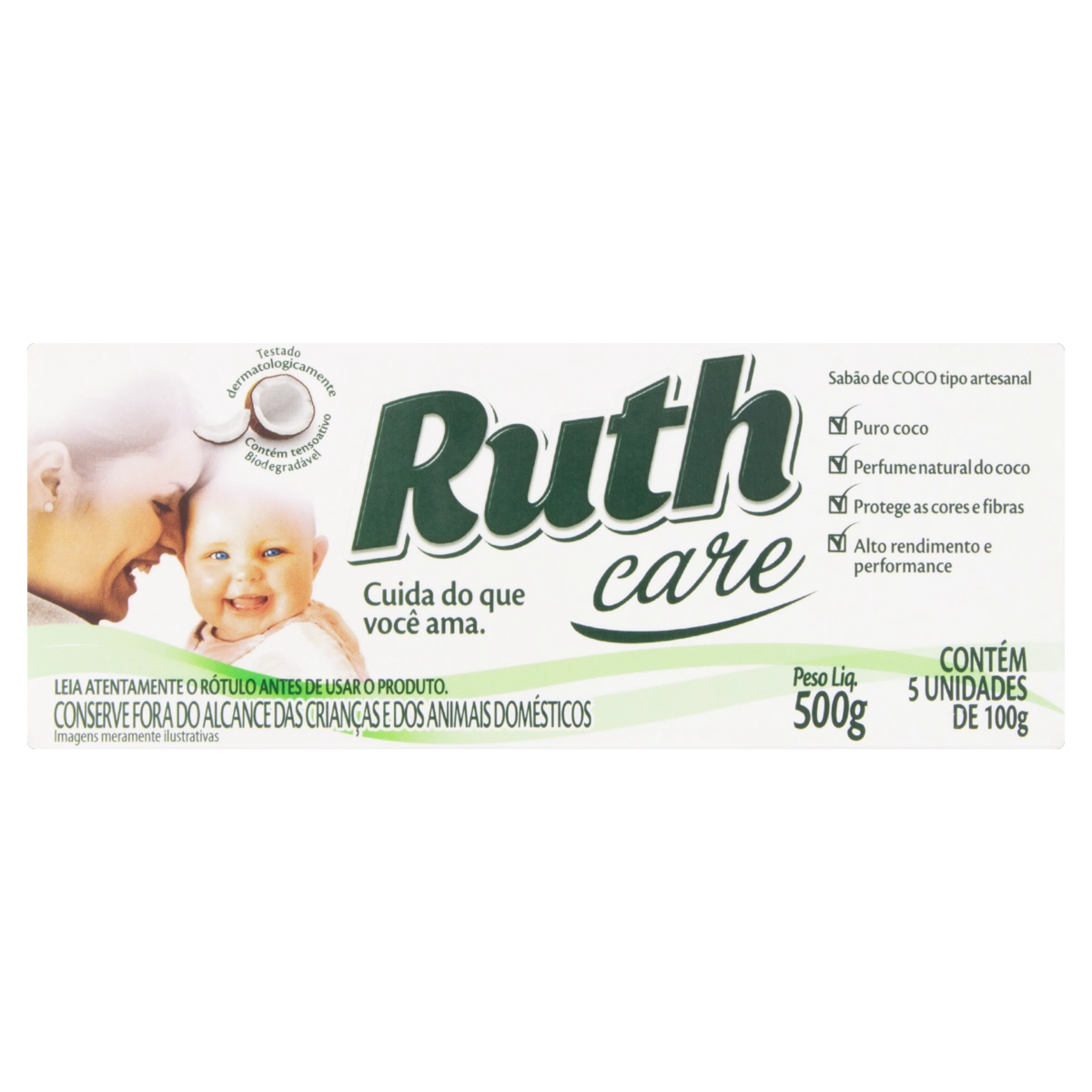 Sabão Barra Artesanal Coco Ruth Care Pacote 500g 5 Unidades