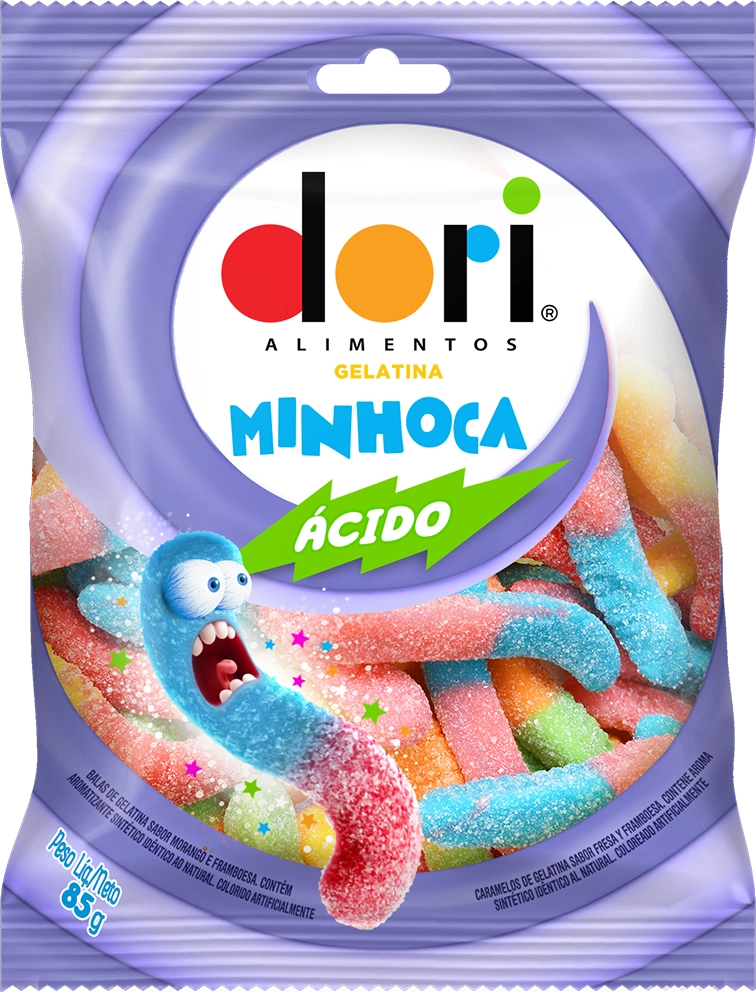 Bala De Gelatina Sortidos De Frutas ácidas Minhoca Dori Pacote 85g