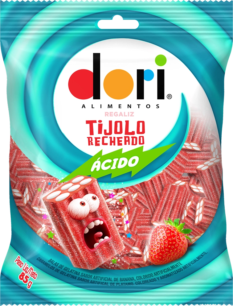 Bala Regaliz ácida Morango E Creme Tijolo Recheado Dori Pacote 85g
