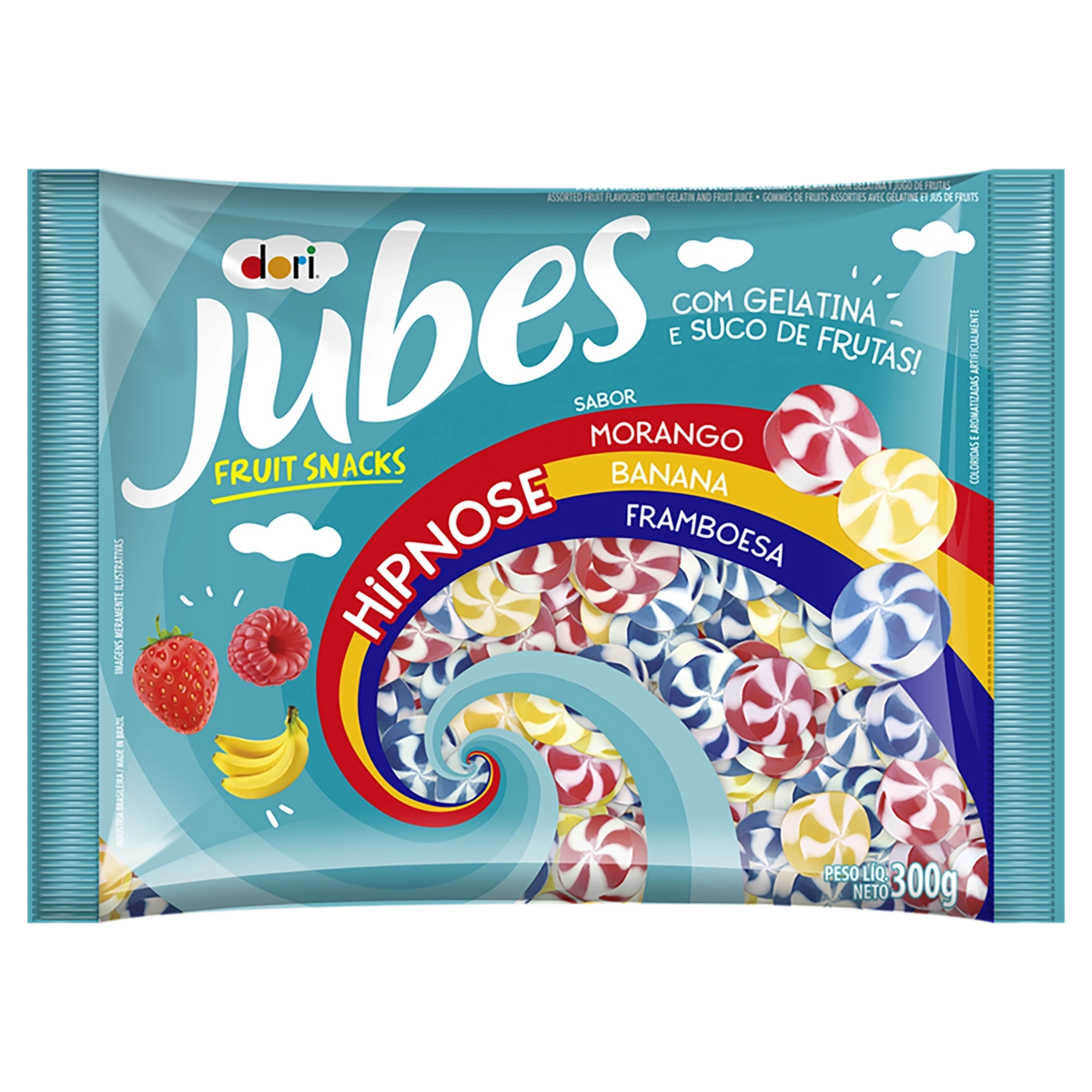 Bala De Goma Morango, Banana Ou Framboesa Hipnose Dori Jubes Fruit Snacks Pacote 300g